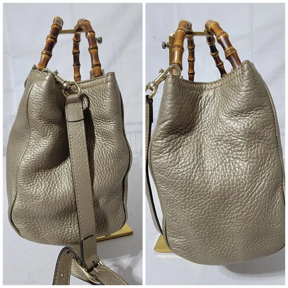 GUCCIMetallic Pebbled Calfskin Medium Bamboo Shopper Tote Golden Beige - Picture 12 of 14